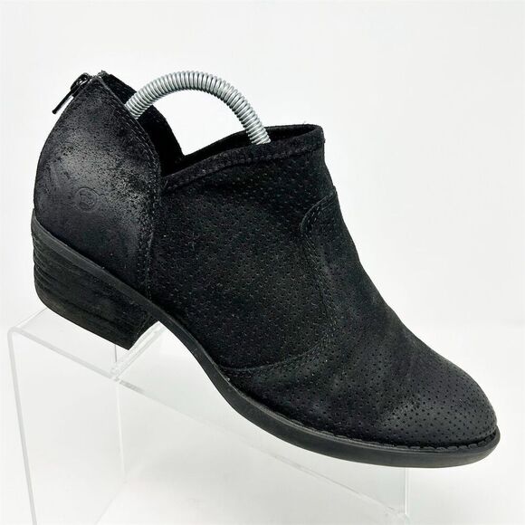 Born Women's Black Perforated Suede Ankle Booties Size 10 Almond Toe Back Zipper - Picture 1 of 13